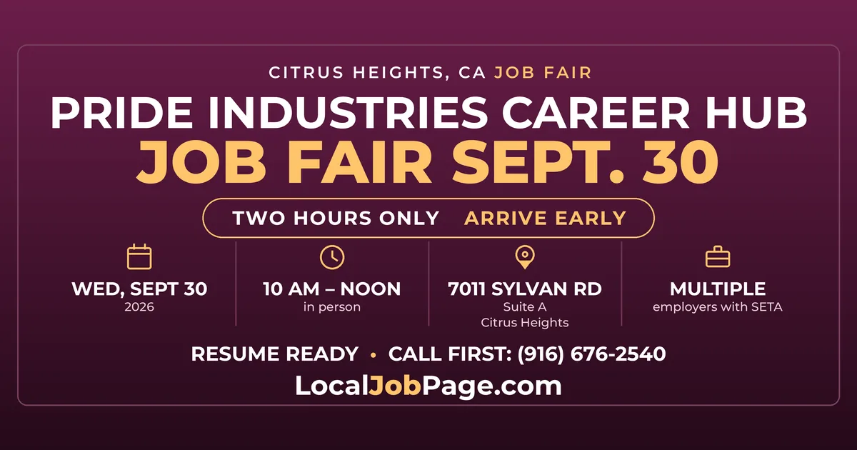 PRIDE Industries Career Hub Job Fair in Citrus Heights: Wednesday, Sept. 30