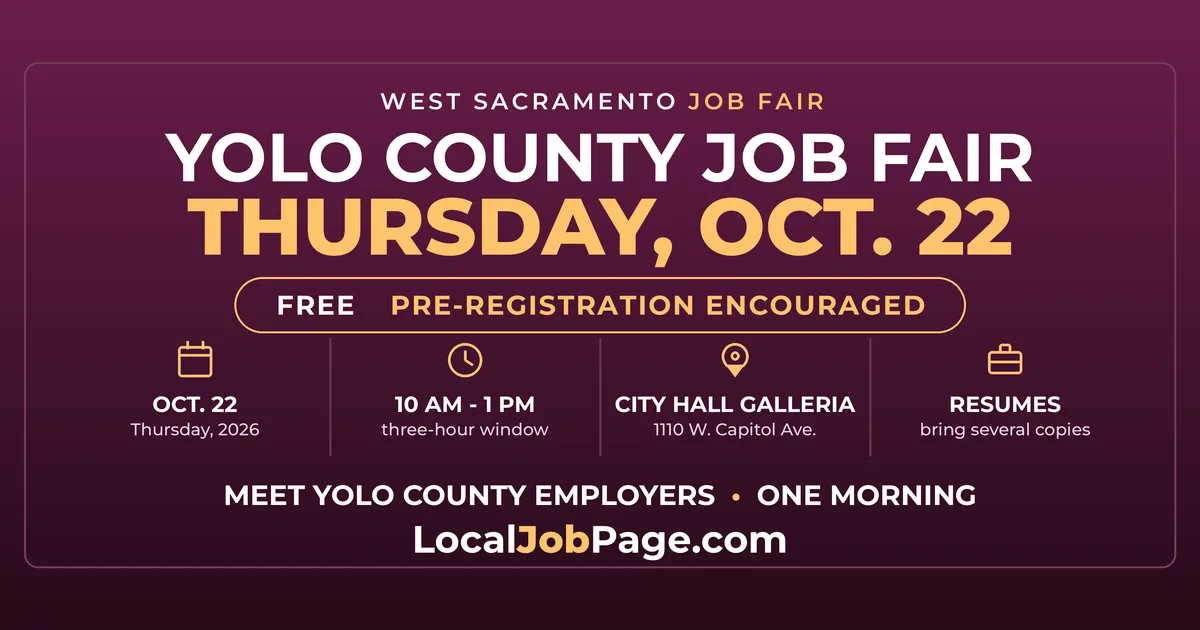 Yolo County Job Fair Oct. 22: Meet Local Employers at West Sacramento City Hall